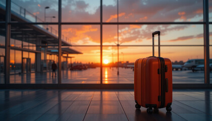 Orange suitcase stands near a window at the airport during a vibrant sunset.
