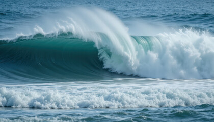 A powerful ocean wave cresting and breaking, showcasing its immense power and beauty.