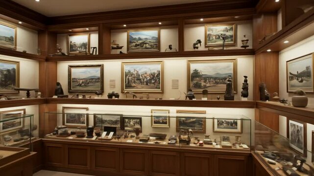 Ornate interior gallery displaying numerous artworks and decorative objects