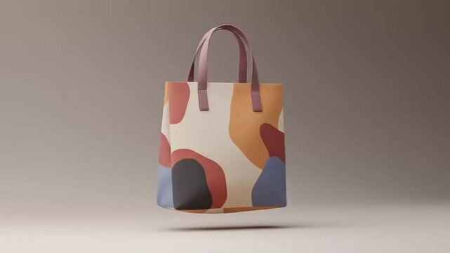Stylish abstract tote bag with colorful patterns displayed against a minimalistic background