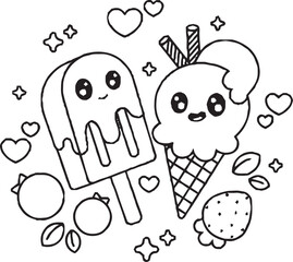 A fun and whimsical black and white doodle artwork showing a group of cute cartoon characters.