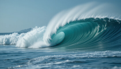 Powerful ocean wave crashing in a perfect curl, showcasing the raw force of nature.