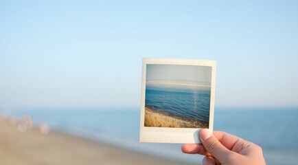 Hand holding a photo of the ocean by the beach on a sunny day