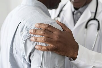 Doctor comforting patient by placing reassuring hand on shoulder