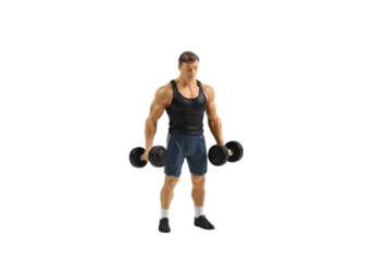 Miniature Bodybuilder with Dumbbells isolated on transparent background