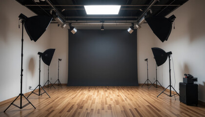 Empty photography studio with lighting equipment, backdrop, and wooden floor, ready for a photoshoot.