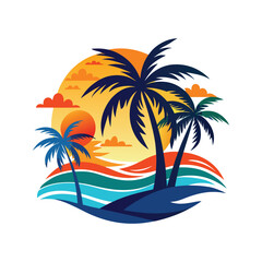 Sunset tropical landscape with ocean waves and palm trees vector illustration isolated on white background