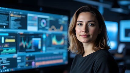 Confident Data Analyst, Serene Gaze, Working Late. Blue-hued screens display charts and graphs, illuminating her workspace. A professional woman in tech excels.