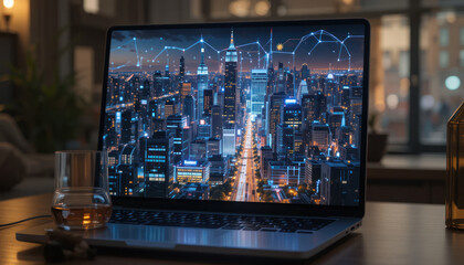 Night cityscape displayed on laptop screen, alongside whiskey glass, suggesting late-night work or contemplation.