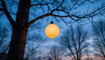 Illuminated orb hanging from a tree branch at twilight.