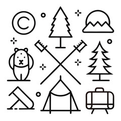 Collection of simple line art icons representing camping and outdoor adventure elements like trees mountains and a tent
