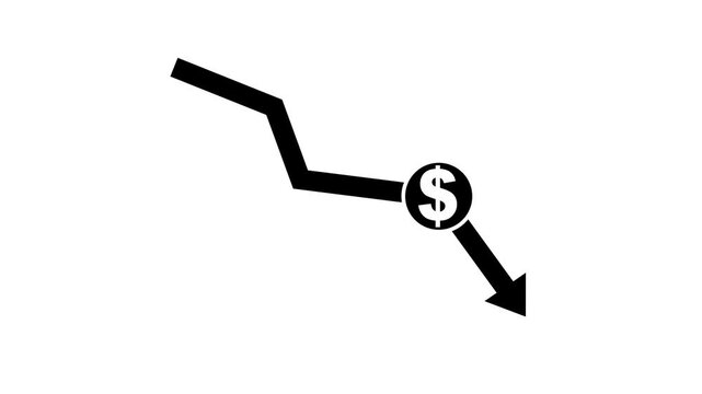 Money crisis icon, Financial crisis vector icon, Dollar rate decrease vector line icon, Money symbol with down arrow, falling arrow infographic glyph icon.