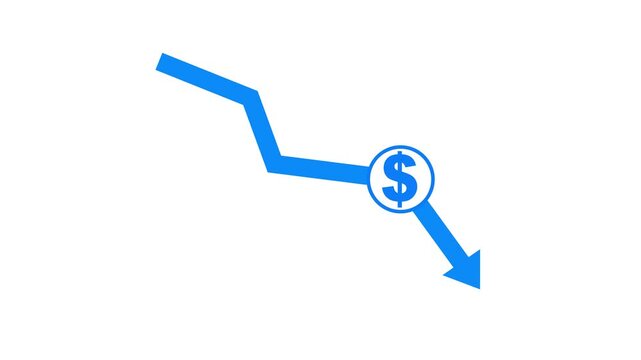 coin and arrow pointing down, concept of financial crisis. Economy decrease and recession. Money symbol with down arrow, Lower cost icon,