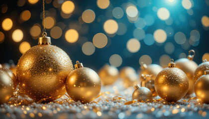 Golden Christmas ornaments scattered on a surface, with a bokeh background of blue and gold lights.