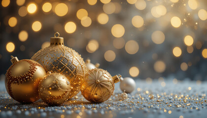 Golden Christmas ornaments clustered together on a bed of sparkling glitter.