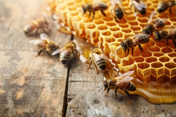 Bees working on honeycomb producing honey on wooden table