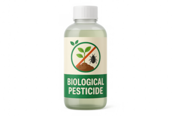 Biological pesticide in transparent bottle with white cap, promoting plant protection and insect control with transparent background