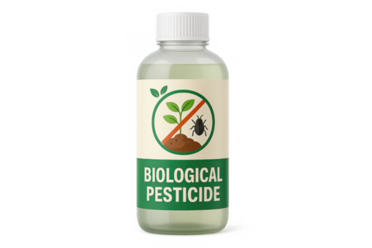 Biological pesticide in transparent bottle with white cap, promoting plant protection and insect control with transparent background