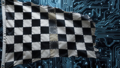 Checkered racing flag billowing over a complex circuit board background.