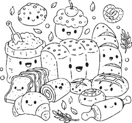 A fun and whimsical black and white doodle artwork showing a group of cute cartoon characters.