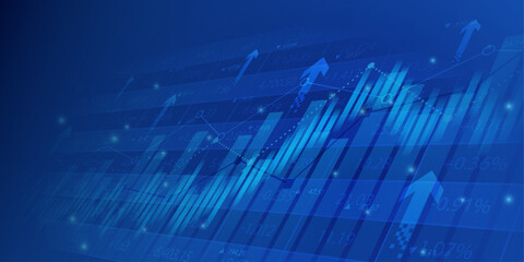 technology financial graph with uptrend line arrow and bar chart of stock market on blue color background