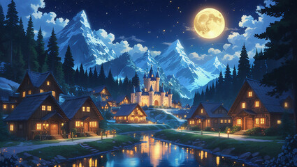 Obraz premium Enchanted mountain town lit by fireflies and full moon, with calm river reflections. Ideal for fantasy art, magical worlds, or illustrated travel scenes.