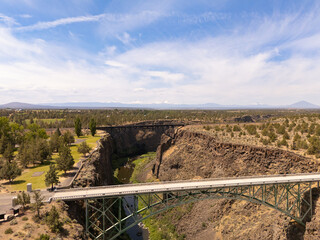 Crooked River bridges and Peter Skene Ogden State Scenic Viewpoint, aerial view, Oregon, USA....