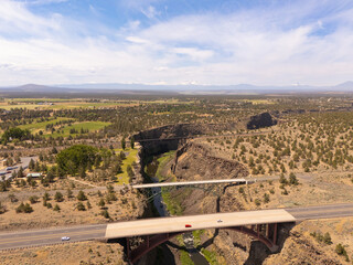 Crooked River bridges and Peter Skene Ogden State Scenic Viewpoint, aerial view, Oregon, USA....