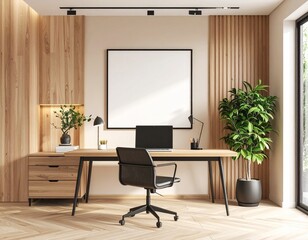 japandi inspired home office with minimalist decor and geometric art on wall in natural light setting