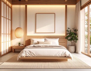 japandi style bedroom with geometric canvas art and soft wood elements in a calm minimalist design