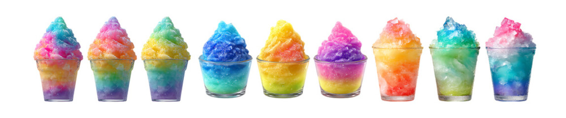 Pack of Rainbow Shaved Ice Cups Vibrant Summer Treats against transparent Background