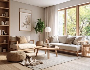 japandi minimalist living room with geometric wall art and natural wood decor in soft neutral tones