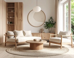 japandi minimalist living room with geometric wall art and natural wood decor in soft neutral tones
