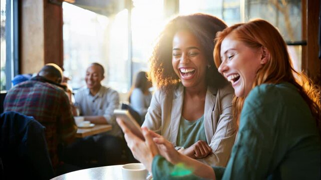 Two young women sitting together at a sunny caf&eacute; table, laughing and sharing something funny on a smartphone. Natural joyful moment. Generative AI.