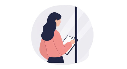 Businesswoman by window writing notes on clipboard in modern style  
