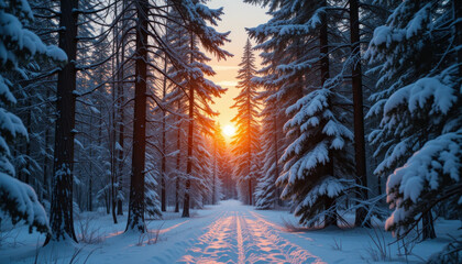 Winter forest scene with snow-covered trees and a sunset.
