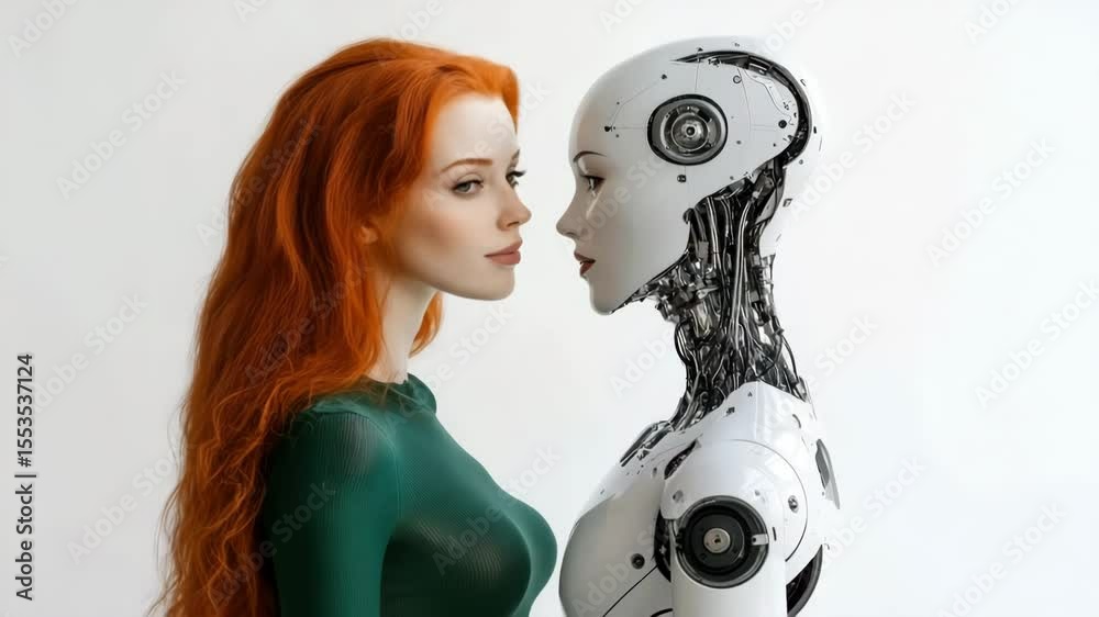 Poster Reflections on Progress: A woman and an android standing face to face demonstrate the concept of coexistence between man and machine.