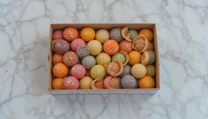 A box filled with colorful, round, and textured pastries, ready to eat.