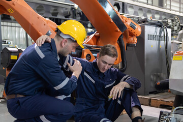 Injured worker getting help from his college after fainted on the floor in a factory