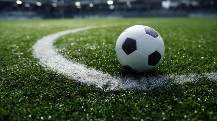 Fototapeta premium Close-up of a football lying on the center circle of a freshly marked pitch before kickoff