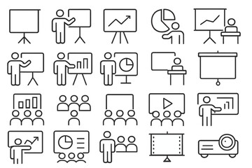 Fototapeta premium 20 Business Presentation Vector Icons: Slides, Charts, Speaking, Meeting