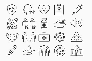20 Outline Public Health Vector Icons: Healthcare, Wellness, Medical Set