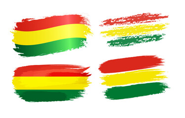 Set of creative flags of Bolivia in brushing stroke style. Three color flag in watercolor, pencil and chalk drawing variations. 3D and flat collection. Business or holiday event concept. Graphic signs