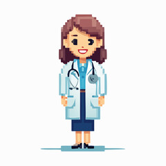 Fototapeta premium Pixel Art Vector of Female Doctor in White Coat – Full Body Medical Character on White Background