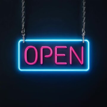 Glowing neon open sign with blue frame and pink letters hanging on chains against dark background