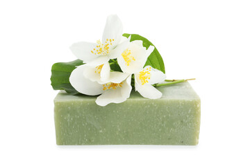 Soap bar and jasmine flowers isolated on white