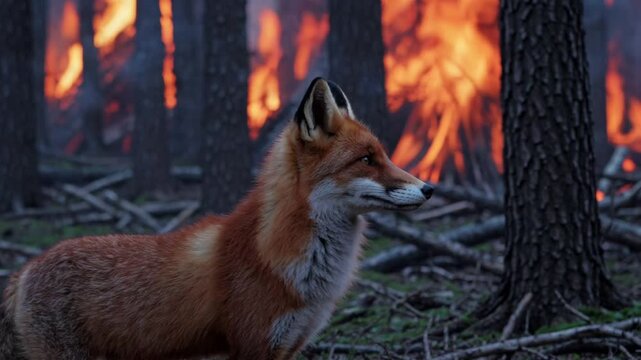 Red fox standing in forest during wildfire, flames and smoke in background, wildlife and climate crisis concept.