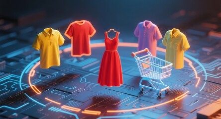 Online Shopping Concept With Digital Clothing Store Virtual Dress And Shirt Selection And Shopping Cart On Technology Background