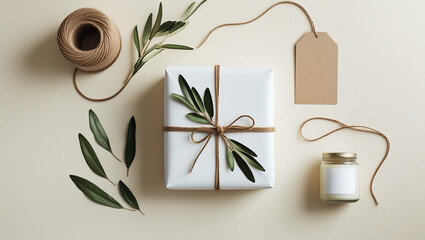 Handmade gift wrapping with aromatherapy candle jar for craft branding. Perfect for artisanal shops, holiday markets, and organic product photography.