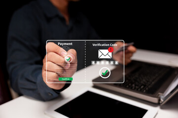 A person completes a secure online payment with fingerprint authentication and verification code on a transparent digital interface.